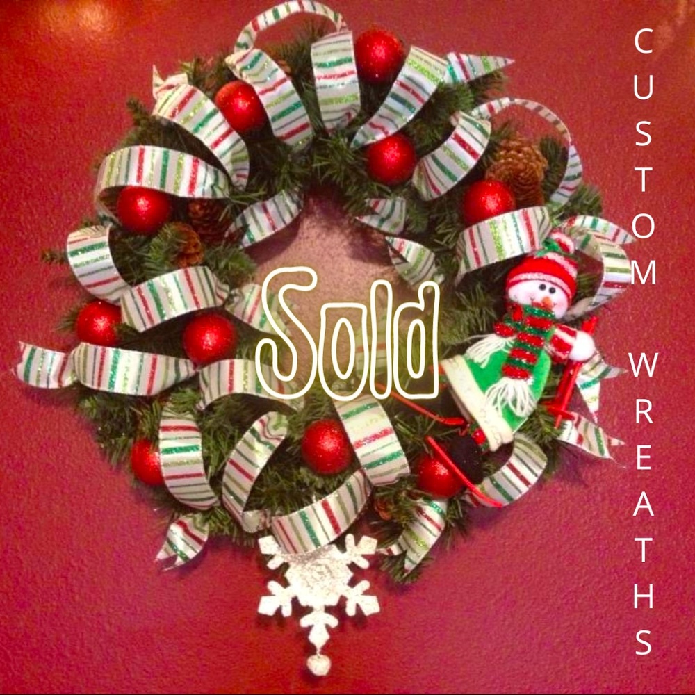 CUSTOM ORDERED FESTIVE RED AND GREEN HOLIDAY WREATH WITH ADORABLE SNOWMAN